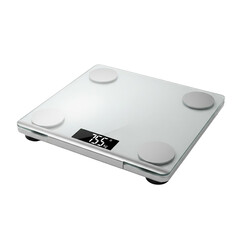 Modern digital scale with a sleek white finish and illuminated display isolated on transparent background