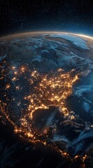 Nighttime satellite view of North America showing illuminated urban areas and natural landscapes under a starry sky.