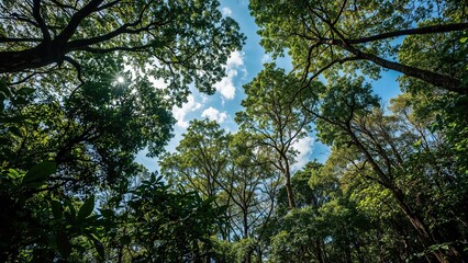 The sun's brilliant light filters down over a rich, leafy forest canopy