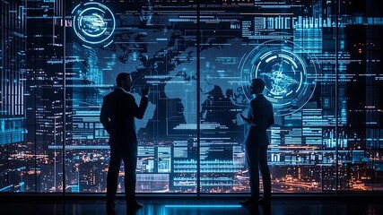 Futuristic business team analyzing global data on digital world map display. Global business people using technology and digital connections in a modern abstract world.  - Powered by Adobe