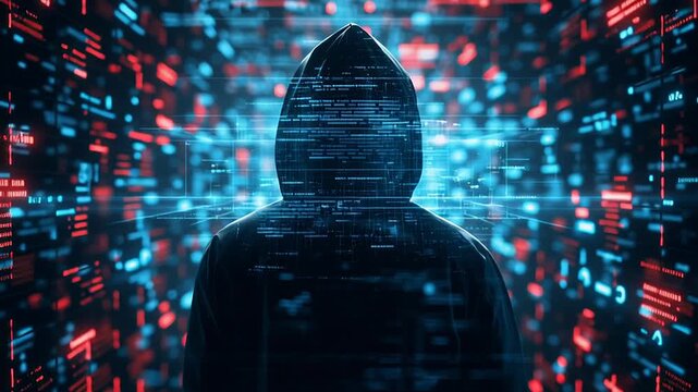 Cybersecurity threats with anonymous hooded figure in digital matrix environment. Silhouette against glowing digital code background representing hacking, cybersecurity risks, data breach, cybercrime - Powered by Adobe