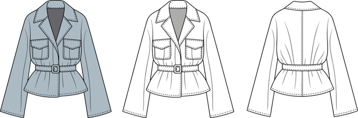 CAD flat sketch fashion jacket technical drawing with front back view, belted peplum waist coat vector illustration