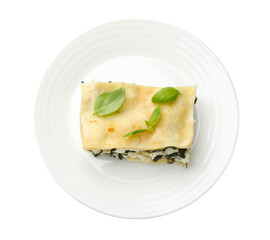 Piece of tasty vegetarian lasagna isolated on white, top view