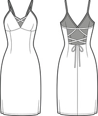 Fashionable lingerie dress CAD vector flat illustration, elegant nightwear design with front back views, detailed technical drawing, stylish garment blueprint