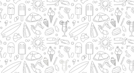 Summer themed seamless pattern with outlined ice cream sun surfboard and cocktail.