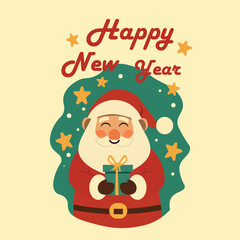 Cute Santa with present — Happy New Year flat holiday card