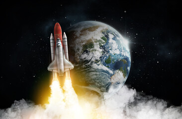 Naklejka premium Rocket in space on orbit of planet