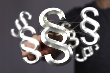 3D rendering of interconnected paragraph symbols, representing legal networks, collaboration, or...
