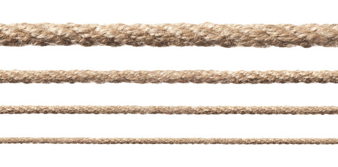 Ropes of different thickness isolated on white, set