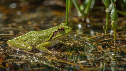 A frog sits by the water's edge at a protected wildlife habitat