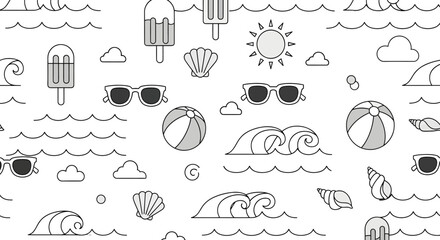 Summer themed pattern with ice cream sunglasses beach balls waves and seashells.