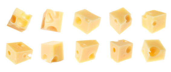Cubes of fresh cheese on white background, collage