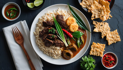 realistic image of nasi padang on white plate, rendang beef, sambal ijo, cassava leaf curry, crispy crackers, spicy look, traditional Indonesian food, top-down food photography style