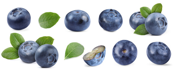 Fresh blueberries and green leaves isolated on white, collage