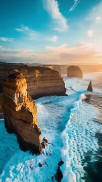 Sunset Over Rugged Sea Cliffs and Ocean Waves Along Scenic Coastline