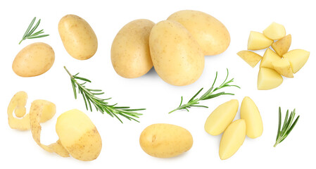 Fresh raw potatoes and rosemary on white background, collage