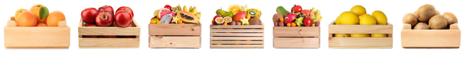 Different fresh fruits in wooden crates isolated on white, set