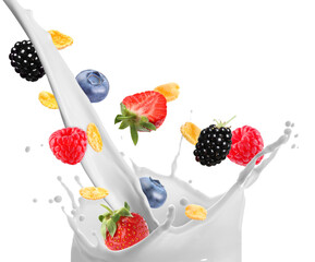 Tasty corn flakes and fresh berries falling into splashing milk on white background