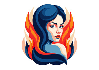 Stylized portrait of a woman with colorful hair on a fiery background
