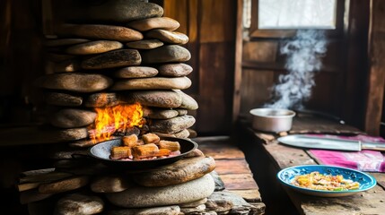 Cozy Rustic Kitchen with Stone Stove and Traditional Cooking Scene