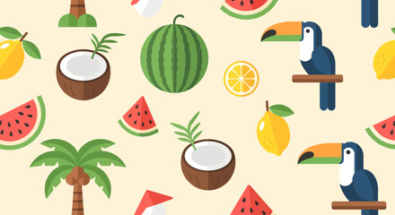 Flat Design Tropical Pattern with Toucans Watermelons Coconuts Lemons and Palm Trees.