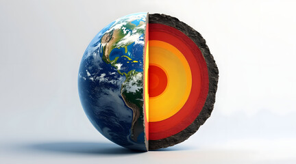 Cross section model of Earth layers showing crust, mantle, outer core, and inner core with vibrant colors and detailed textures