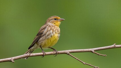 Fototapeta premium Tight focus on a corn bunting on a branch surrounded by an out-of-focus green backdrop