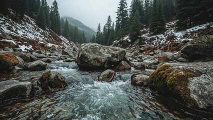 A stream of fresh water winds through stones on a forested incline.