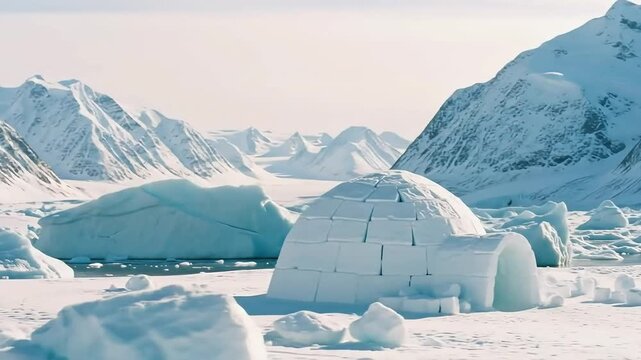An isolated igloo stands amidst a vast landscape of snow and towering mountains.