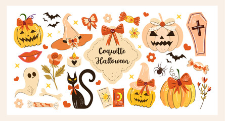 Fototapeta premium Coquette Halloween vector collection with pastel pumpkins, witch hats, black cat, bows, candy, flowers and spooky cute elements in a girly aesthetic hand-drawn style.