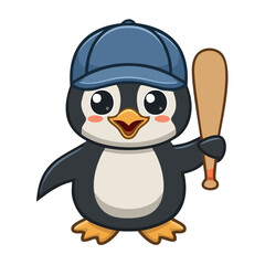 illustration of a happy penguin, wearing a tiny blue baseball cap and holding a small wooden softball bat.