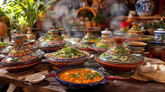 Authentic Moroccan tagines filled with aromatic dishes create a rich and inviting dining experience.