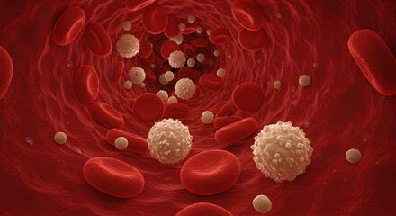 Red and white blood cells flowing in an artery. 3D illustration of the bloodstream. Concept for hematology, circulatory system, and blood analysis.