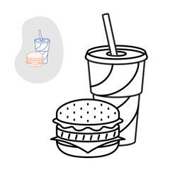 Burger and cola illustration. Junk food symbol icon. Hamburger and soft drink in paper cup with cap and straw fast food concept symbol. Editable stroke.