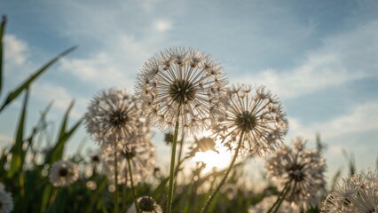 Naklejka premium Close-up view of button flowers with a backdrop of cloudy blue sky