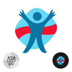Finish line crossing vector logo icon. Stylized man goal achievement concept symbol. Happy people with hands up sign. Man with arms up. Success, achievement, victory. Goal concept.