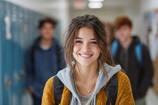 Cute High school student standing next to her friends in hallway