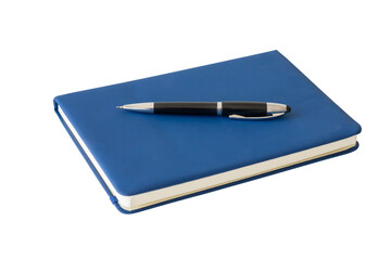 A blue notebook and classic black ballpoint pen for business or education notes and planning....