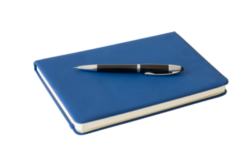 A blue notebook and classic black ballpoint pen for business or education notes and planning. Professional office and school supplies concept, isolated on white background with clipping path.