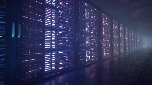 In a colossal underground server chamber, rows of neural network cores glowing blue and purple pulse with an eerie light.
