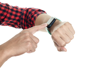 Man in a plaid shirt pointing at a modern smartwatch. Concept for checking time, fitness tracker app, or a business deadline, isolated on white background with clipping path.