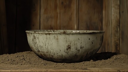 Fototapeta premium Rustic Bowl on Wooden Table Surrounded by Piles of Earthy Soil