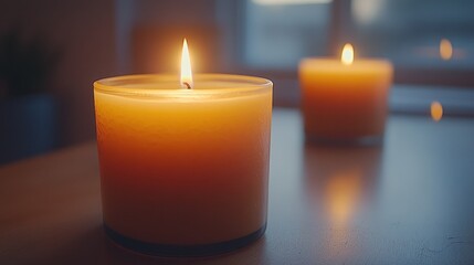 Two candles illuminate a room.  Soft glow, warm ambiance