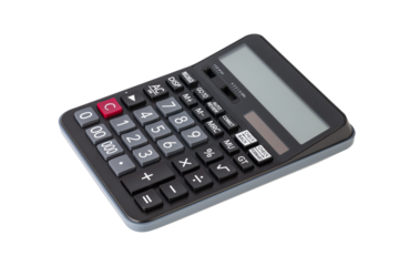 Modern black calculator for business, finance, and accounting tasks. An essential office tool for calculation, budgeting, and math, isolated on white background with clipping path.