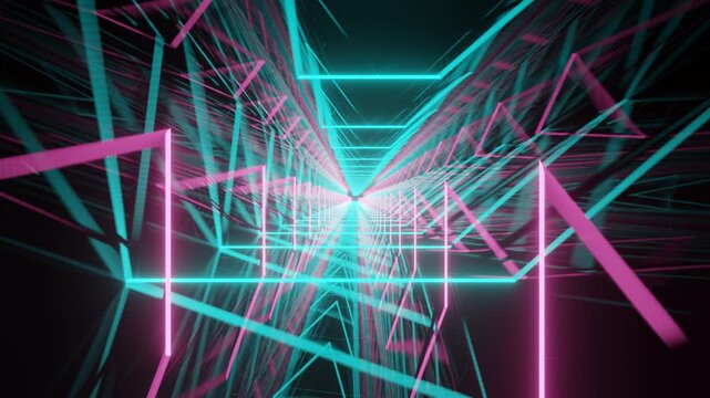 Dynamic animation of a glowing linear tunnel with vibrant neon lights, perfect for technology themes, VFX overlays and digital brand storytelling - Powered by Adobe