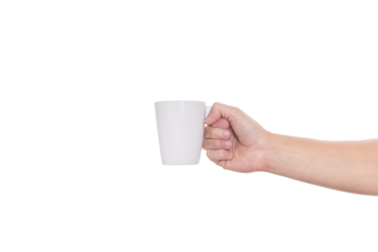 Hand holding a white ceramic coffee mug, a blank cup for your logo or design mockup. Perfect for branding, beverage concepts, or a morning drink, isolated on white background with clipping path. - Powered by Adobe