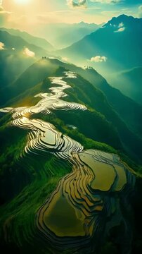 Golden Sunrise Over Mountain Rice Terraces Filled with Reflective Water