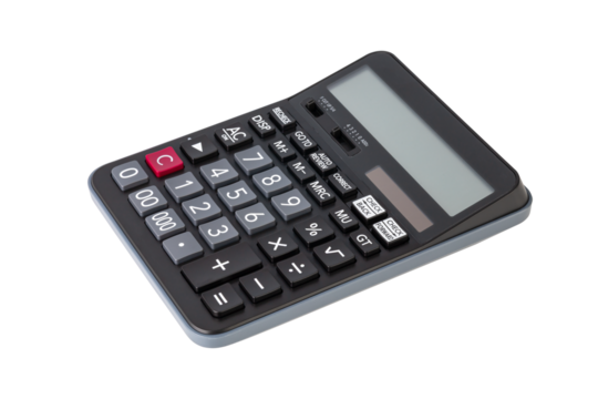 Modern black calculator for business, finance, and accounting tasks. An essential office tool for calculation, budgeting, and math, isolated on white background with clipping path.