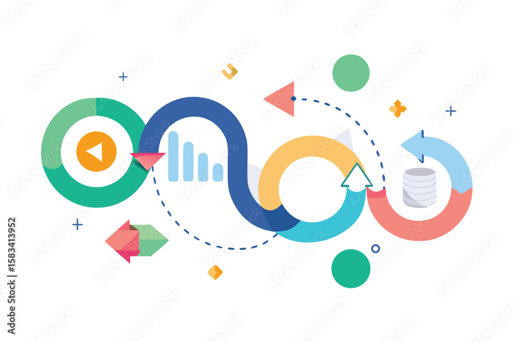 Poster abstract data flow and business process illustration with colorful arrows and circular elements