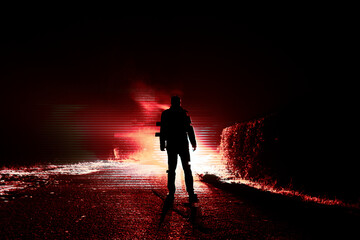 A glitch horror concept.Of a mysterious scary figure, standing on a road at night, silhouetted by lights.